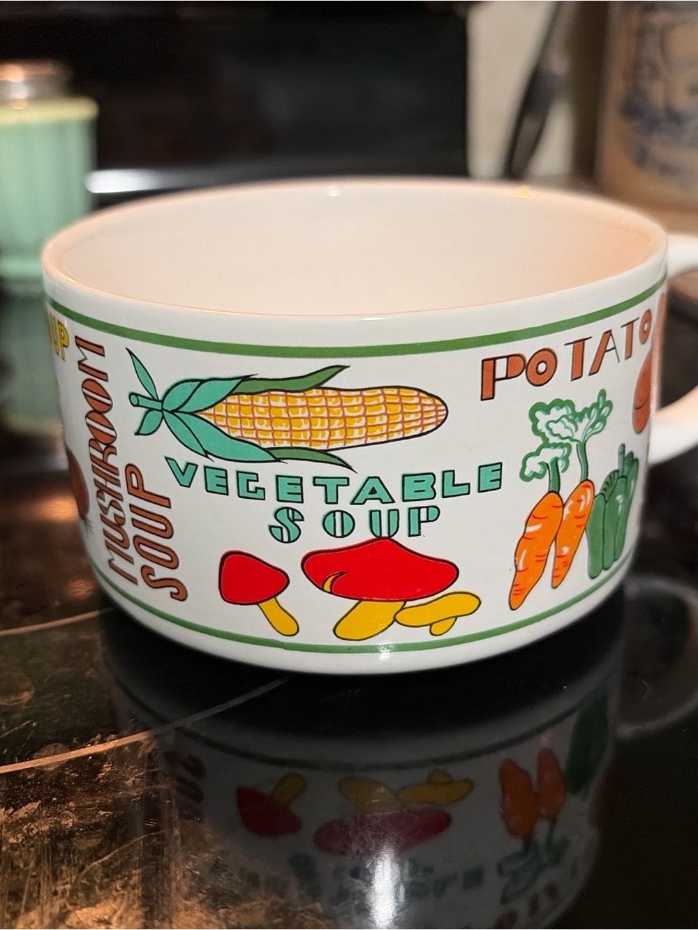 Retro 70’s Vegetable Soup Mug with Colorful Produce Graphics
